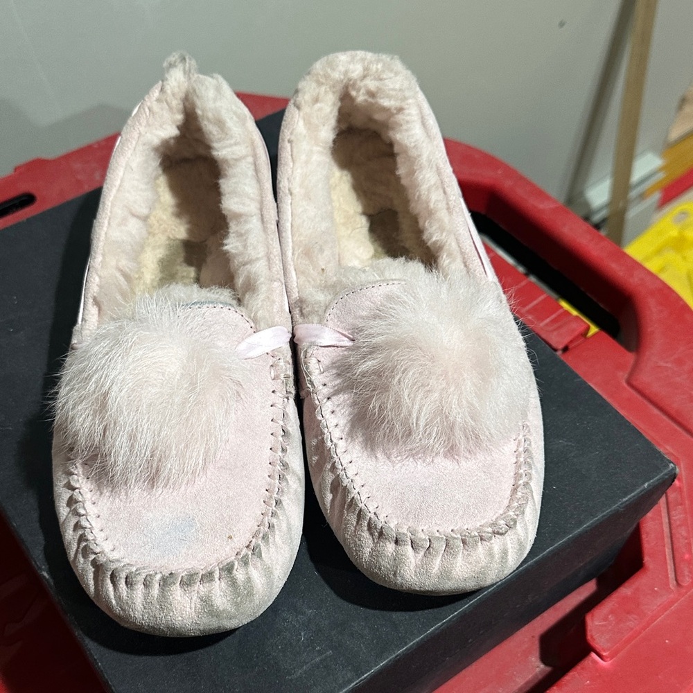 UGG Pale Pink Suede Pom Pom Moccasin Slippers